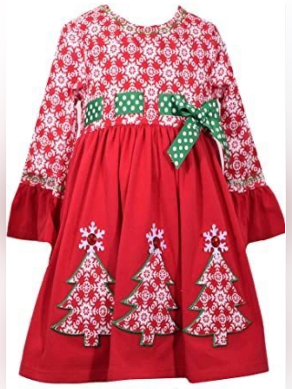 Bonnie Jean Holiday Dress Appliqué Trees Polka Dot Bow NWT